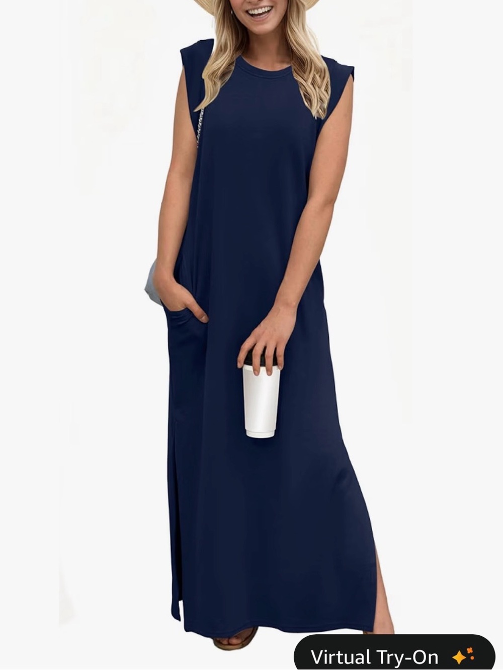 Grecerelle Casual Navy Sleeveless Maxi Dress with Side Slit